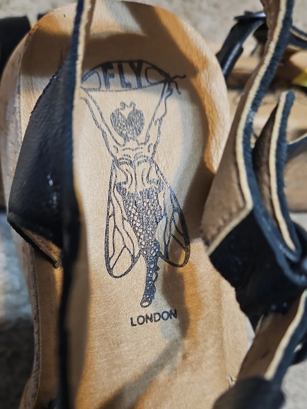 Fly London Coil Platform Black Leather T-Strap Cork Sandals-NEW